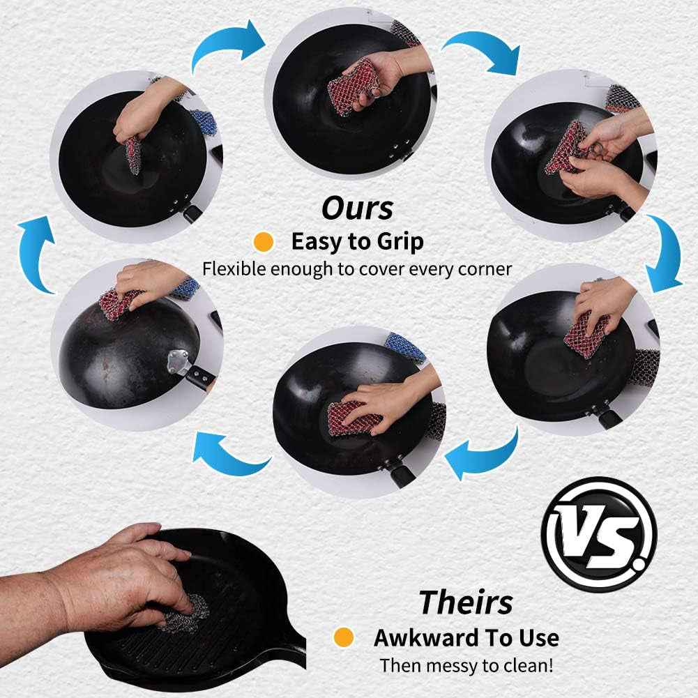 316L Cast Iron Scrubber Cleaner, Large Cast Iron Chain Mail Scrubber - Chainmail Scrubber Sponge - Metal Skillet Scrubbing, Wok, Dutch Oven Cleaning Kit