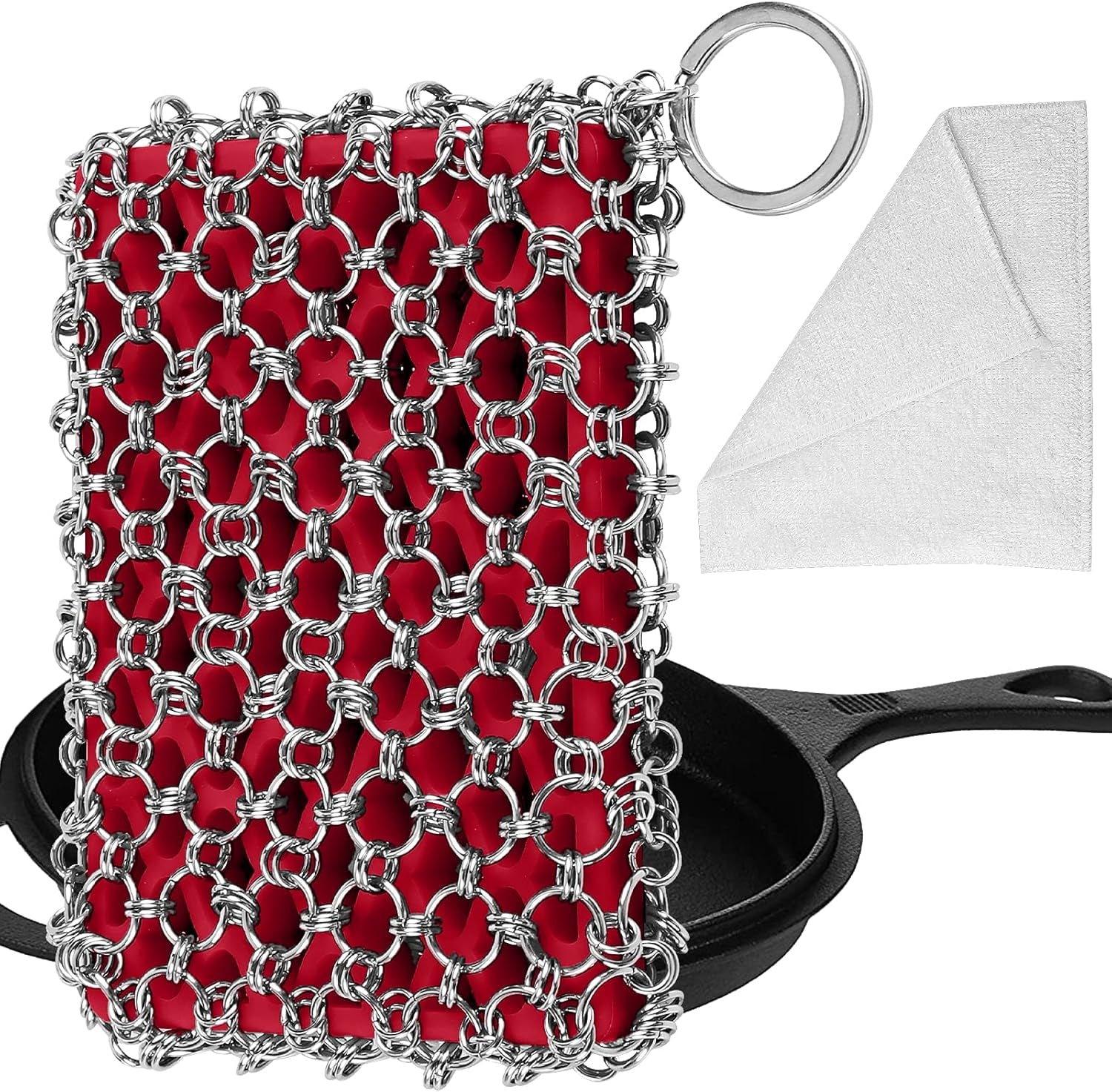 316L Cast Iron Scrubber Cleaner, Large Cast Iron Chain Mail Scrubber - Chainmail Scrubber Sponge - Metal Skillet Scrubbing, Wok, Dutch Oven Cleaning Kit